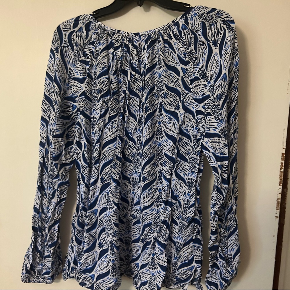 Lilly Pulitzer Blue and White Leaf Print Blouse